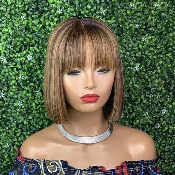 Ten Chopsticks Highlight Color Short Bob 13x4 Lace Front Wig With Bangs Brown Honey Blonde Colored Ombre Human Hair Wigs For Women 150% Density