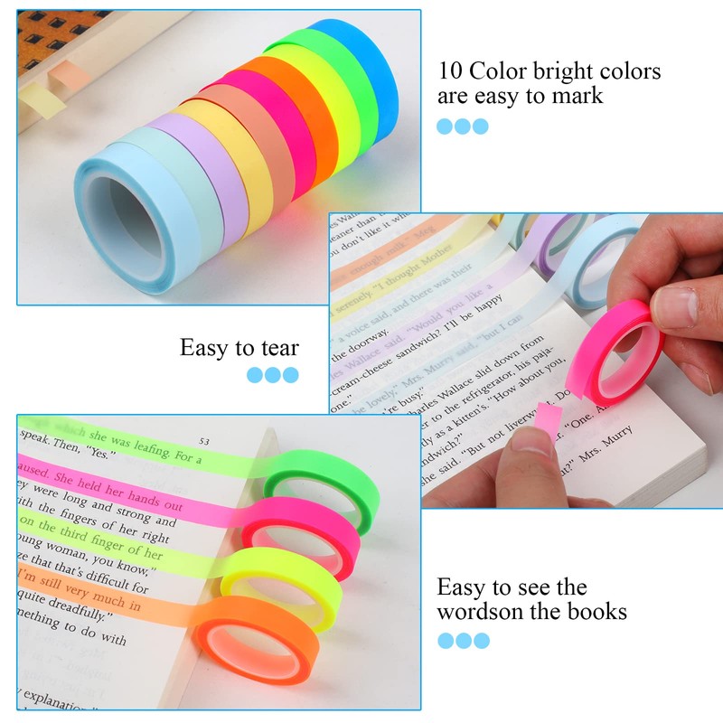 Utron 10 Rolls Colorful Highlighter Tape, 0.31" x 16.5 ft