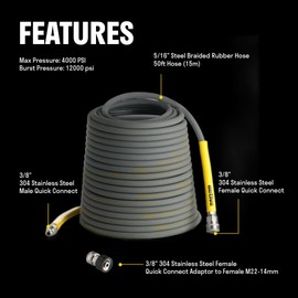 ACTIVE Pressure Washer Hose 50 Ft 5/16" - Kink Resistant Steel braided Power Washer Hose for All Electric & Gas Pressure Washers, Flex Hose w/Max 4000 PSI & 12 GPM at a peak temperature of 212F