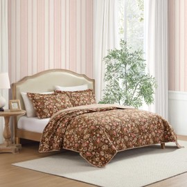 Laura Ashley - Full/Queen Quilt Set, Reversible Cotton Bedding with Matching Shams, Lightweight Home Decor for All Seasons (Marta Brown, Full/Queen)