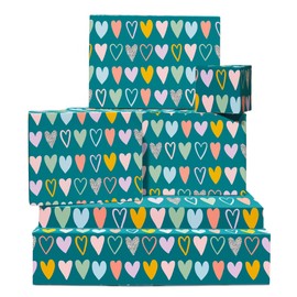 Women Wrapping Paper - 6 Sheets of Gift Wrap Hearts with Tags - Teal Love Hearts - Bridal Shower Anniversary Valentine's Day - Recyclable - by Central 23