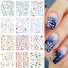 Christmas Nail Stickers Snowflake Nail Art Water Decals Transfer Foils for Nails Supply Snowman Reindeer Santa Claus Bell Tree Stick Sticker for Women Girls Christams Nails Design Art Decoration 12PCS