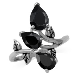 Silvershake 2.85 CTW 3 Stone Natural Black Onyx 925 Sterling Silver Bypass Leaf Vintage Inspired Gemstone Ring Jewelry for Women, Sterling Silver Rhodium/White Gold & Antique Finishing, natural black onyx
