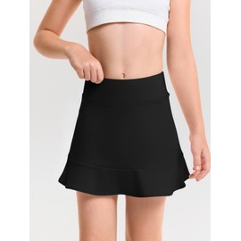 Haloumoning Girls Athletic Tennis Golf Skirts with Shorts Kids High Waist Ruffle A-line Skorts with Pockets 5-14 Years Black
