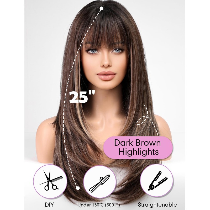 WOKESTAR Brown Wigs for Women Layered Straight Long Wig with