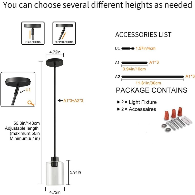 KLSS Black Pendant Lights Kitchen Island,Modern Farmhouse Glass Pendant Light,Light
