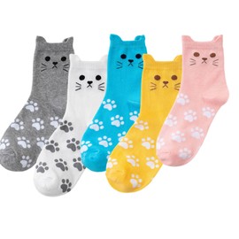 Mikitutu 5 Pairs Women's Cat Socks, Funny Animal Paw Print Socks (US, Numeric, 5, 8, Regular, Regular, Cat)