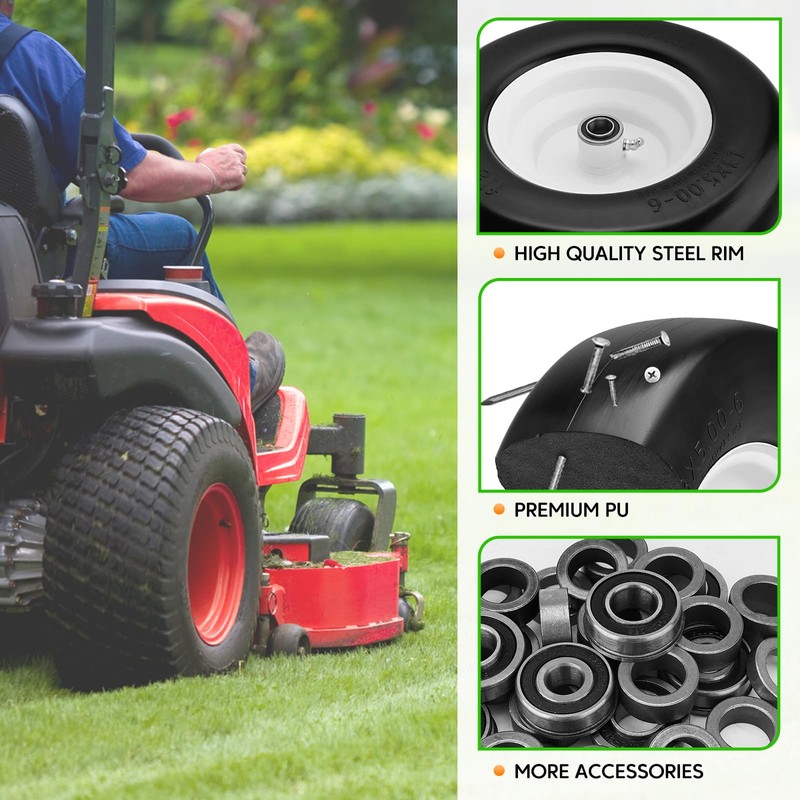 2PCS 13x5.00-6 Flat Free Tire and Wheel with 1/2" &