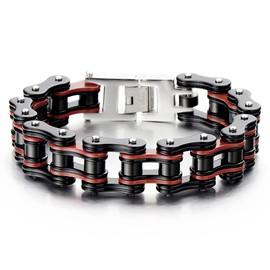 Masculine Mens Bike Chain Bracelet of Stainless Steel Black Red Two-tone High Polished