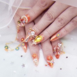 ❗Limited❗Orange Flower Handmade Nail Tips - Long Oval / ❗한정❗오렌지플라워 수제네일팁 - 롱오발