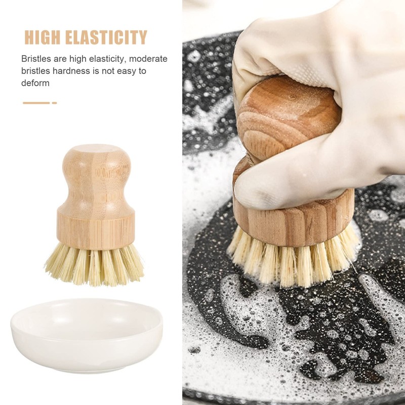 Bamboo Scrub Brushes with Ceramics Holder Mini Palm Scrub Brush