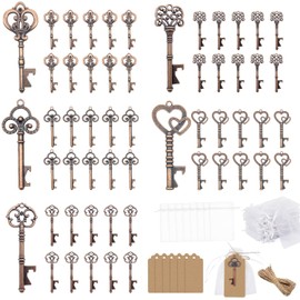 Pack of 50 Key Bottle Openers, Gift Tags, Transparent Bag, Wedding Favours, Antique Rustic Party Decoration (Bronze)