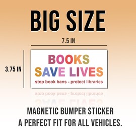 Magnetic Sticker Books Save Lives Magnet Banned Book Human Rights Protect Libraries Retro White for Bumper, Refrigerator, Cruise Door, Car, Truck 7.5x3.75in