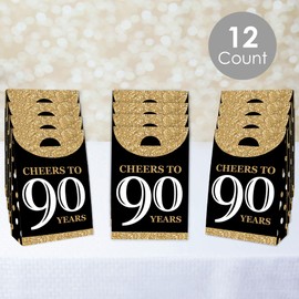 Big Dot of Happiness Adult 90th Birthday - Gold - Birthday Gift Favor Bag - Party Goodie Boxes - Set of 12