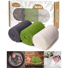 Newborn Photography Props, 3 Pcs Baby Stretch Wraps, Professional Baby Photo Props Long Ripple Wrap, for 0-6 Months Baby (Dark Grey+Green+White)