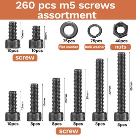 260 Pcs M5 Screws Assortment Kit, M5x 8/10/12/16/20/25/30/35mm M5 Bolts Kit 12.9 Alloy Steel Nuts and Bolts Assortment Kit Black Zinc Plated Hex Socket Head Screws Nuts Bolts and Washers Set