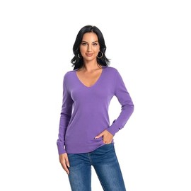 WOSICA Women‘s 100% Cashmere V-Neck Long Sleeve Pullover(Purple L)