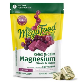 MegaFood Relax + Calm Magnesium Complex with Magnesium Citrate & Malate for Heart Health, Muscle Tension & More – Doctor Formulated - Vegetarian – Grape Flavor - 30 Soft Chews (15 Servings)