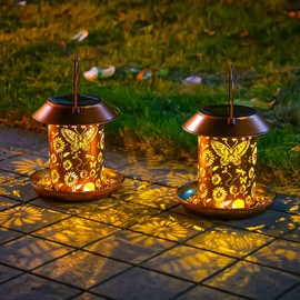 2 Pack Solar Bird Feeders for Outdoors Metal Butterfly Solar Lanterns Hanging Outdoor Lights Waterproof Decoration for Patio, Yard, Lawn, Pathway, Garden Decor Gifts for Women Men