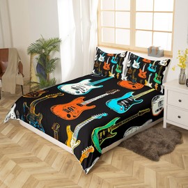 Castle Fairy Guitar Lightweight Bedspread Rock Bass Musical Instrument Bedding Set 2pcs for Kids Teens,Watercolor Electric Guitar Comforter Cover (No Filling) Soft Quilt Cover Room Decor