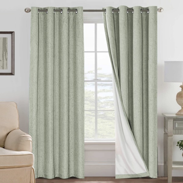 H.VERSAILTEX Linen Blackout Curtains 84 Inches Long 100% Absolutely Blackout Thermal Insulated Textured Linen Look Curtain Draperies Anti-Rust Grommet, Energy Saving with White Liner, 2 Panels, Sage