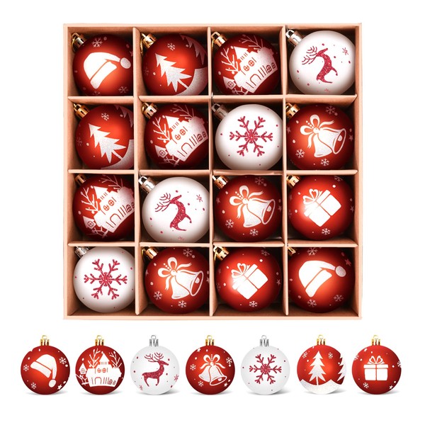 WEARXI Christmas Baubles - 16 x 6 cm Christmas Tree Baubles Plastic, Christmas Decoration with Hanger, Christmas Tree Baubles for Classic Christmas Tree Decorations Red White