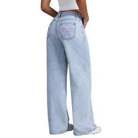 Fulihug Jeans for Teen Girls 14 Baggy Straight-Leg Bowknot Elastic Waisted Denim Pants Cute Y2K Loose Trendy Streetwear