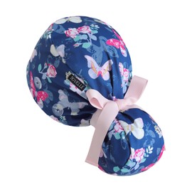 Ponytail Scrub Cap for Women – Navy Blue Butterfly Garden Floral Surgical Cap with Buttons, Sweatband & Double-Sided Print, Soft Nurse Cap for Long Hair, Helps Reduce Static Buildup