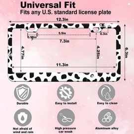 1pcs Cow White Black spot License Plate Frame for Women, Animal Cow Print car Decorative tag Frames Girly, Cute Metal License Plate Cover Holder for Vehicle with Double Sided car Keychain tag