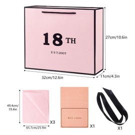18th Birthday Gift Bag 12.6× 4.3× 10.6 Inches Large Birthday Gift Bag with Tissue Paper, 40th Birthday Bag for Women and Men(Pink)