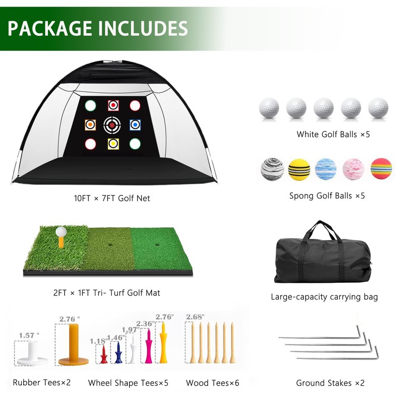 Golf Practice Net, 10x7FT Golf Net with Tri-Turf Mat &