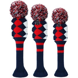 Knit Golf Club Head Covers Set of 3 Blue&Red&White Argyles for Woods and Driver, Pom Pom Clubs Headcovers with Number Tag for Fairway Hybrids Men Women Golfer (3 Pack-Navy Blue&Red&White Argyles)
