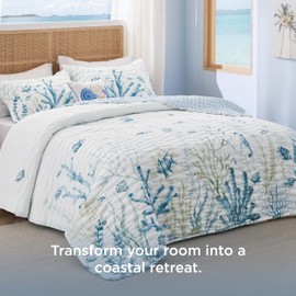 Bedsure Coastal Quilt Bedding Set - King Size Reversible Summer Beach Quilt Bedding Set, 3 Pieces Ocean Lightweight Bedspread, Coral Parttern Coverlet with 2 Pillow Shams for All Seasons (106"x96")