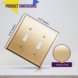 ENERLITES Double Toggle Light Switch Metal Cover, Stainless Steel Wall Plate, Corrosion Resistant, Standard Size 2-Gang 4.50" x 4.57", 7712-PB-2PCS, Stainless Steel 201, Polished Brass, Gold, 2 Pack
