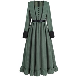 FCCAM Green Victorian Dress for Women Long Sleeve 1800s Edwardian Dress Ruffle Maxi Medieval Renaissance Costume L