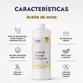 HEBBE Aceite De Arroz 1000 ml | Rice Bran Oil 100% Puro | Absorción Rápida No Graso | Antioxidante Vitamina E | Piel y Cabello