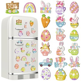 Crowye 20 Pcs Easter Diamond Painting Magnets Easter Refrigerator Magnets Diamond Painting Stickers DIY Bunny Egg Holiday Diamond Art Magnets Kits Decor for Kitchen Fridge Whiteboards Craft Decoration