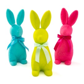 11 1/2" Easter Bunny Flocked Tabletop Decorations - Bright Holiday Colors - 3 Bunnies - Great for Tabletop, Mantel Decor