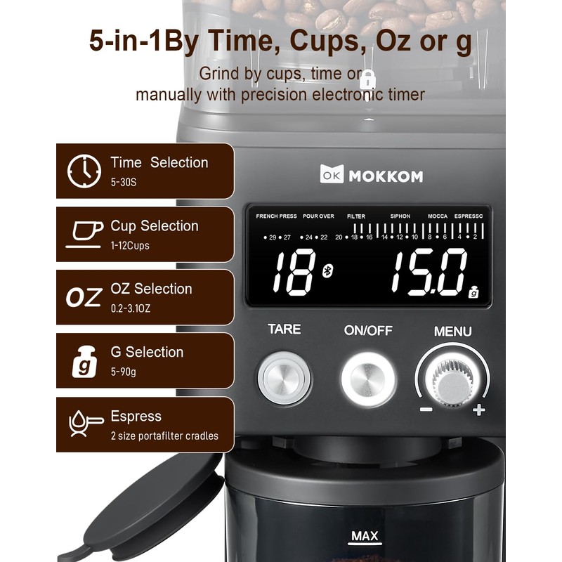 MOKKOM Coffee Grinder Electric with Scale, Conical Burr Coffee Grinder