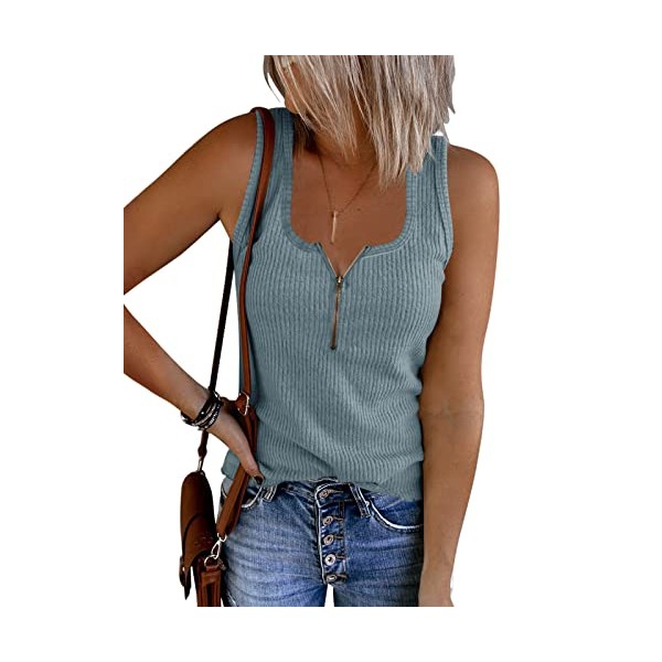 Saodimallsu Womens Summer Ribbed V Neck Zip Up Cami Tank