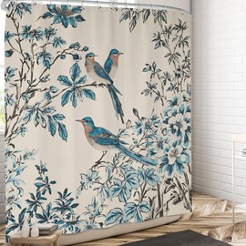 Pakena Vintage Blue and White Bird Shower Curtain Boho Flower Rustic Chinese 60x72 Inch Spring Retro Floral Shower Curtains Set for Bathroom Plant Leaves Botanical Unique Chinoiserie Bathroom Decor