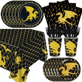 141Pcs Dragon Birthday Party Decorations Black and Gold Birthday Plates Napkins Cups Straws Cutlery Tablecloth Supplies Dragon Party Favors Decorations