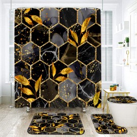 NEWSUYAA,4 Pcs Geometric Honeycomb Marble Bathtub Curtain Bath Decor with Mat Marble Shower Curtains with Rugs Bathroom Decorations Sets,U Shape Carpets and Toilet Lid Cover (Black)