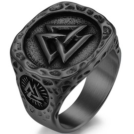 Stainless Steel Retro Vintage Nordic Vikings Valknut Pirate Compass Scandinavian Biker Ring (Black, 16)