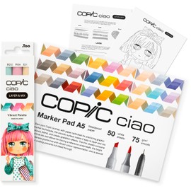 Copic Ciao Layer & Mix Starter Set Vibrant, Marker Set with 3 Different Colours, Marker Paper and Drawing Template for Tracing, Includes Learning Exercise Sheet