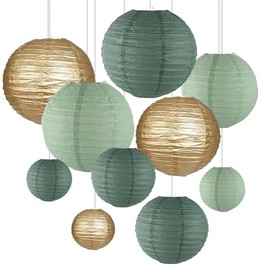 ZYOOO Pack of 10 Green Gold Paper Lanterns, Round Lampshade, Set of 3 Colours, 25 cm, 20 cm, 15 cm, Sage Green Lanterns, Wedding, Rustic Party, Bridal Shower, Birthday Party, Garden Party Decoration