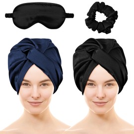 Amgkonp Adjustable Silk Satin Hair Bonnet for Sleeping, Double Layer Hair Wrap Sleep Cap Turban with Hair Scrunchies and Silk Eye Mask,Night Turban for Large Long Curly Braid Women (Navy+Black)