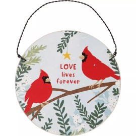 Primitives By Kathy Cardinal Bird Ornament Holiday Gift Wooden Circle 5" Love Lives Forever Decor