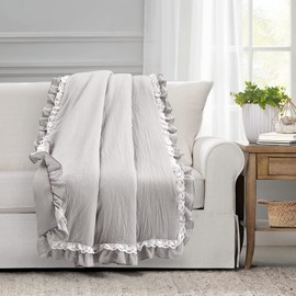 Lush Decor Ella Ruffle Lace Throw Blanket, 50" W x 60" L, Light Gray - Coquette Throw Blankets for Bed - Couch Blanket - Ruffled Throw Blanket for Couch