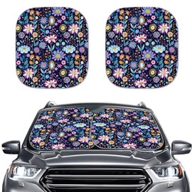 Drydeepin Hippie Flower Purple Blue Windshield Sun Shade Car Window Shades for Front Window Foldable Car Sun Visor Block UV Rays Universal Fit Most Truck SUV Van Boho Car Accessories(2Pack)
